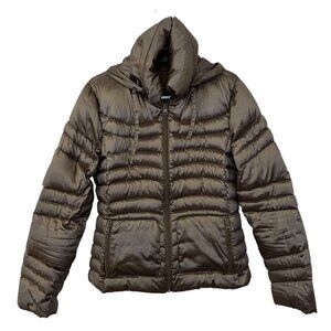 Bernardo Womens Goose Down Puffer Quilted Jacket Size M Taupe Gold Packable